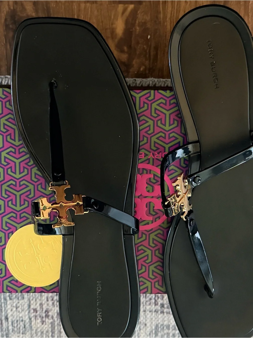 Tory Burch Black Patent Flat Sandals with Gold Logo Accent